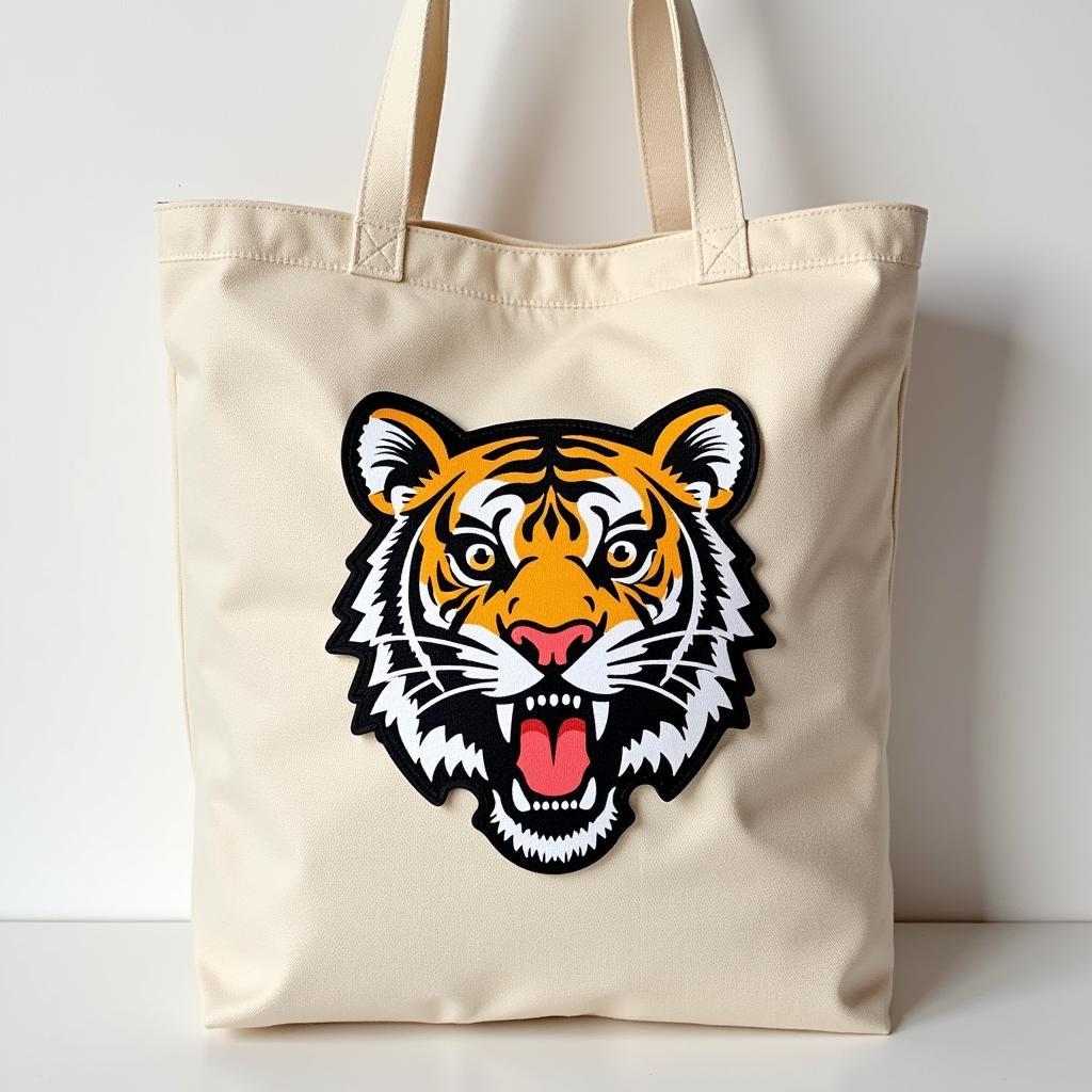 A canvas tote bag with a tiger iron on patch.