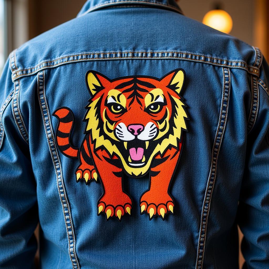 Close up of a tiger iron on patch on a denim jacket