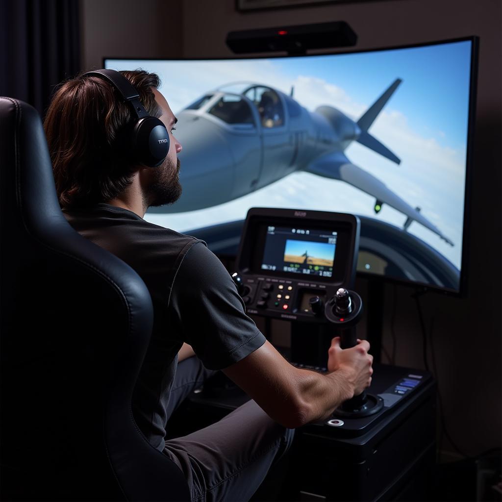 Gamer using TM Warthog stick during flight simulation