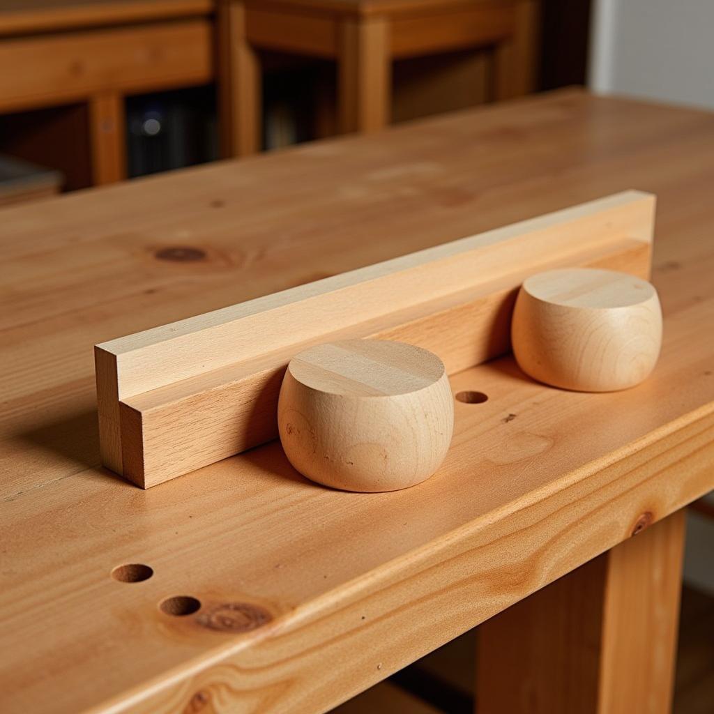 Traditional bench dogs securely holding a wooden plank on a workbench