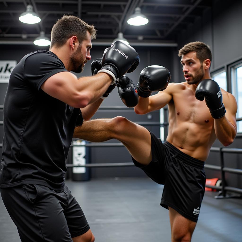 A trainer guiding an athlete during blocking pad training