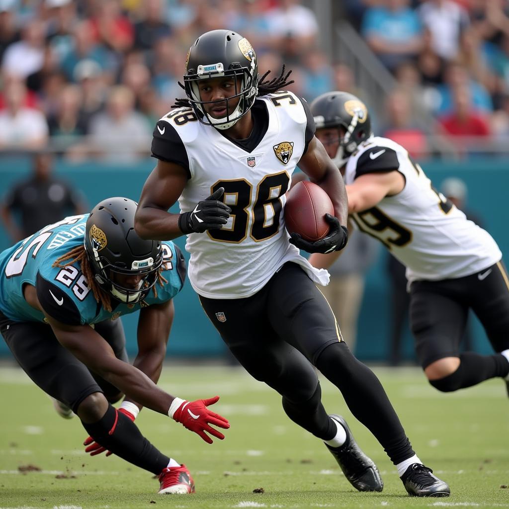 Travis Etienne rushing with the ball for the Jacksonville Jaguars