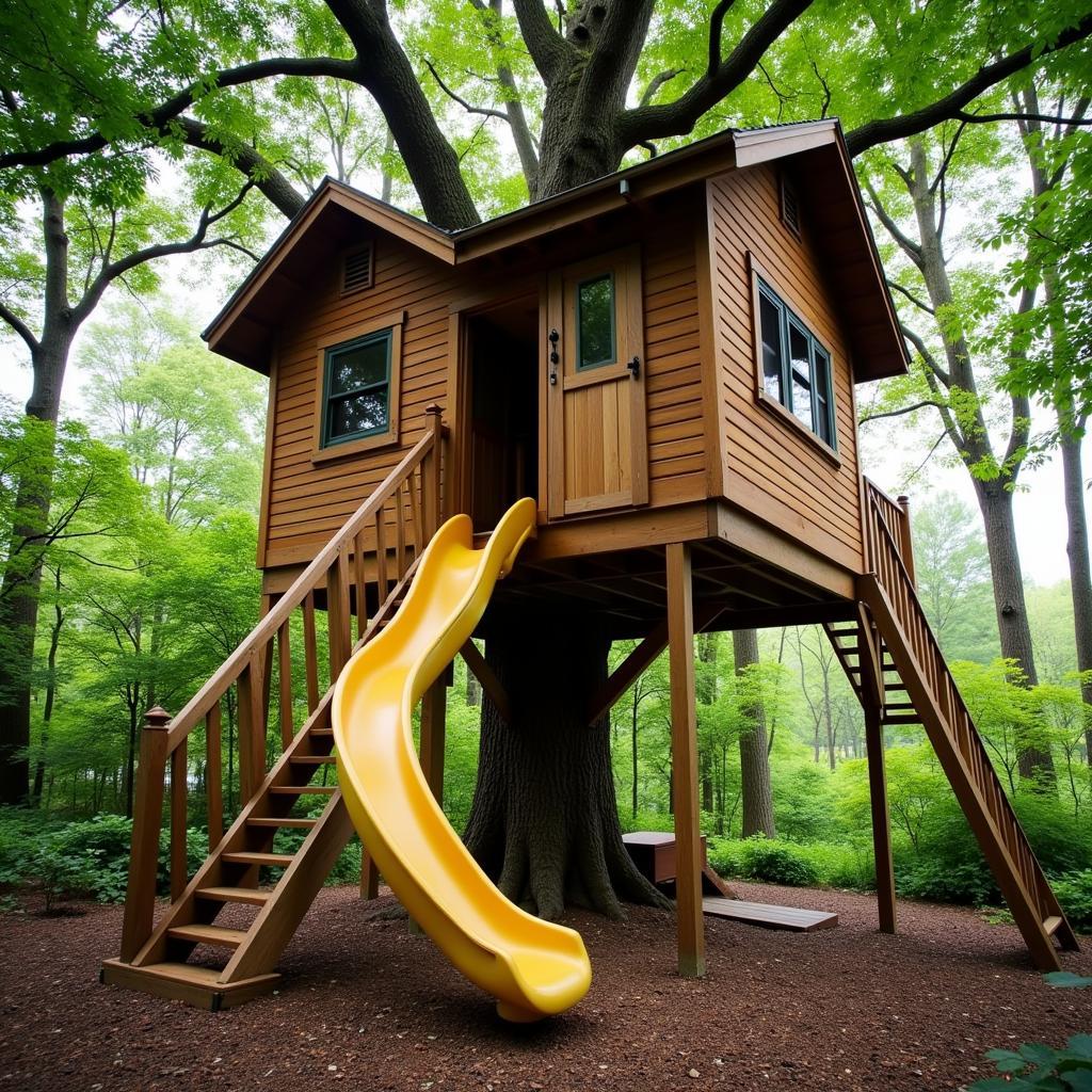 A Finished Treehouse with a Slide