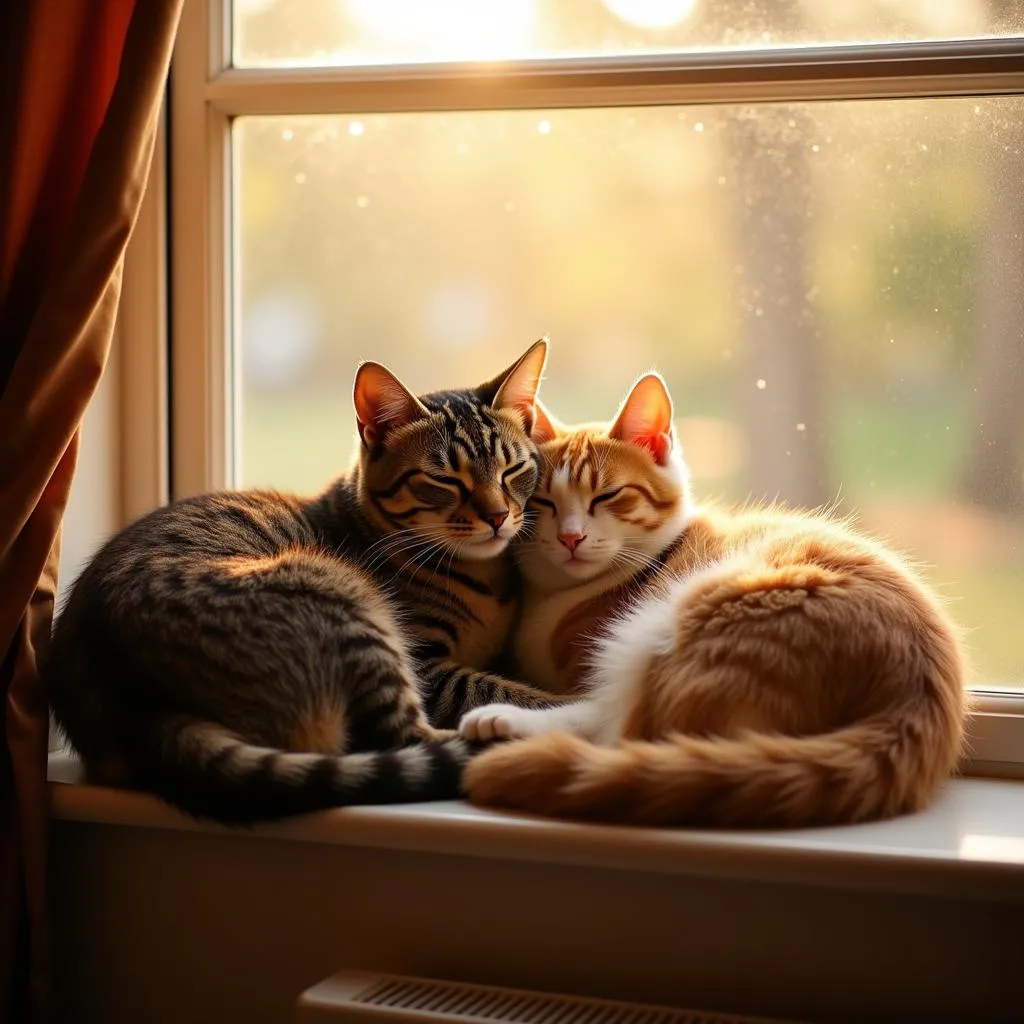 Two Cats Enjoying Each Other's Company on a Sunny Window Sill