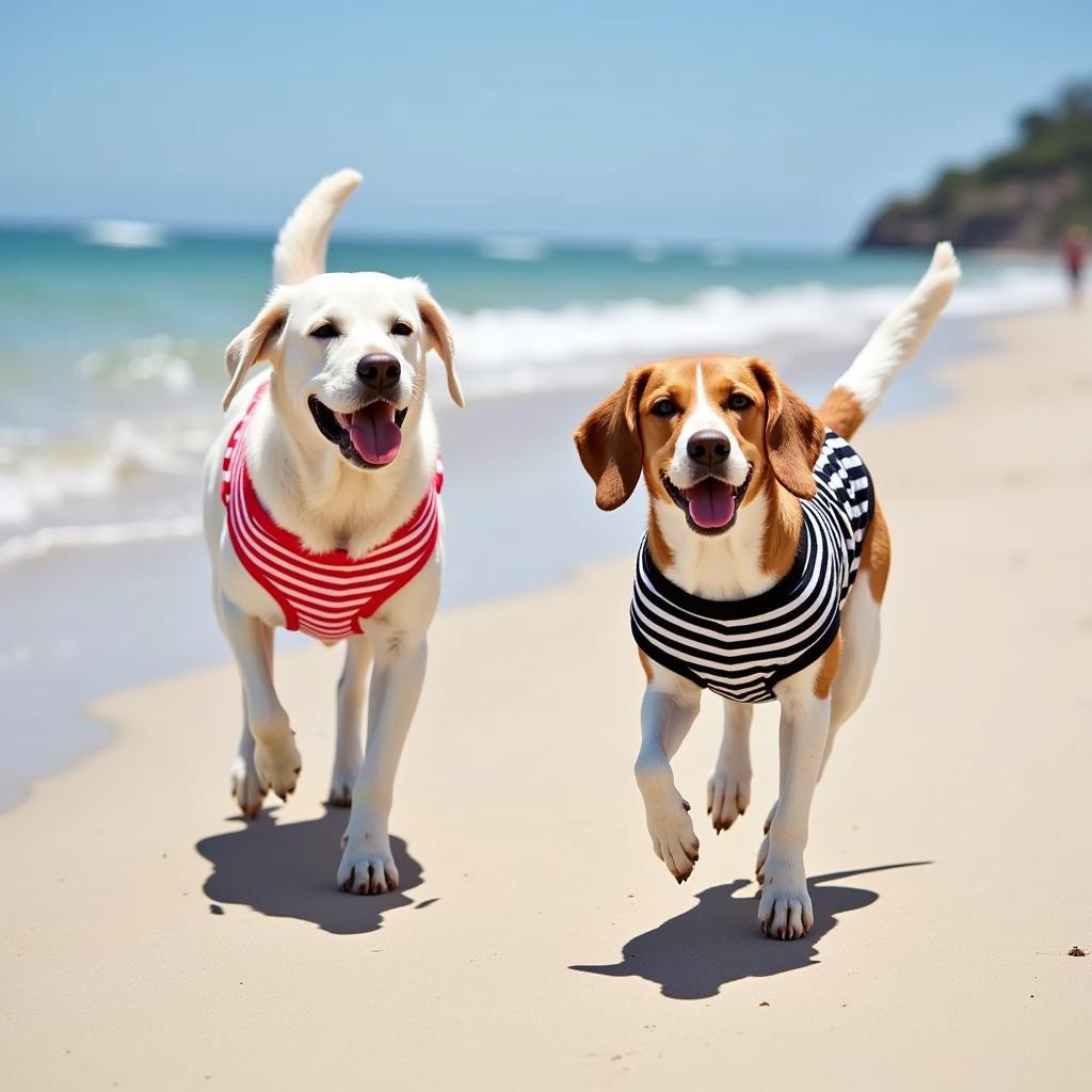 Two dogs on the beach wearing matching swimsuits