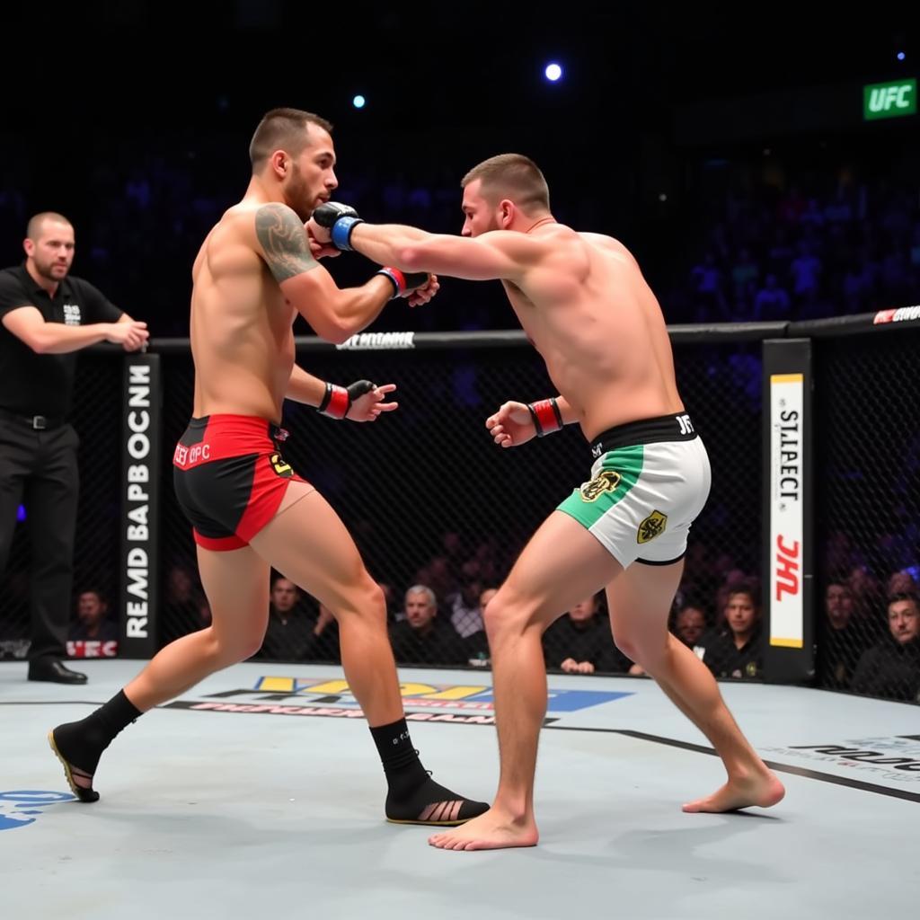 Two UFC fighters battling it out in the octagon during UFC Amsterdam