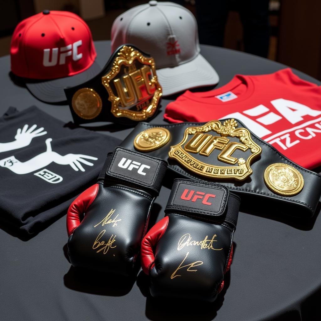 A collection of UFC merchandise prizes including gloves, a championship belt, and a cap.