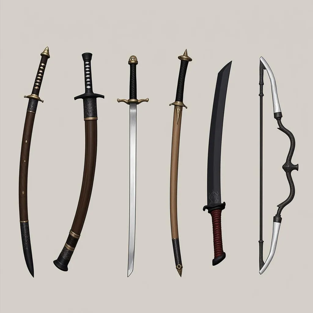 A variety of weapons commonly used by Bushido characters in Ultima Online, including katanas, wakizashis, and a no-dachi