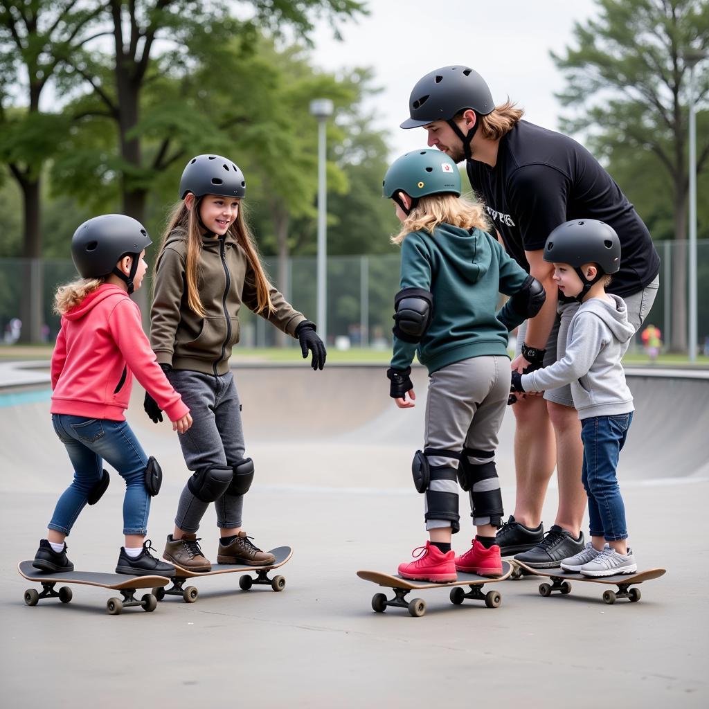 Young Skaters Learning at a Skate Park