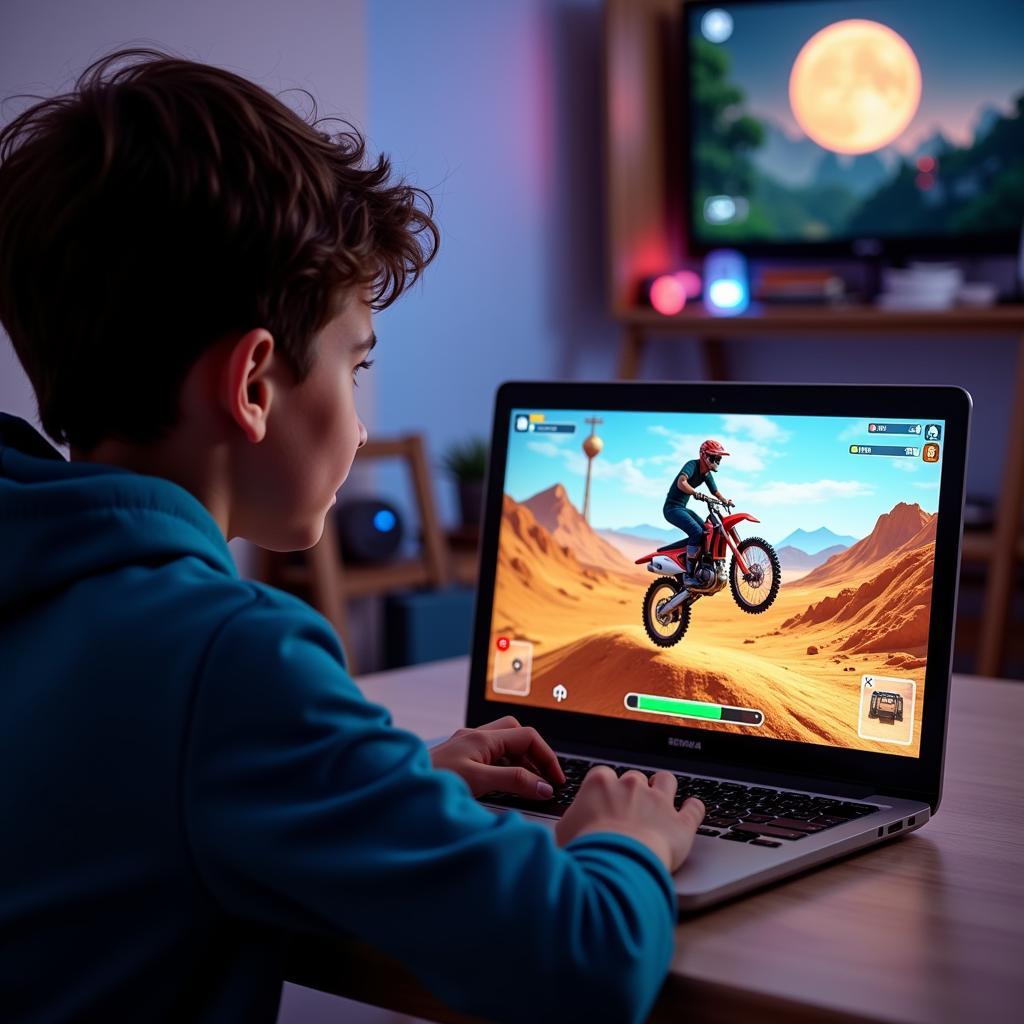 Teenager playing a dirtbike game on his laptop