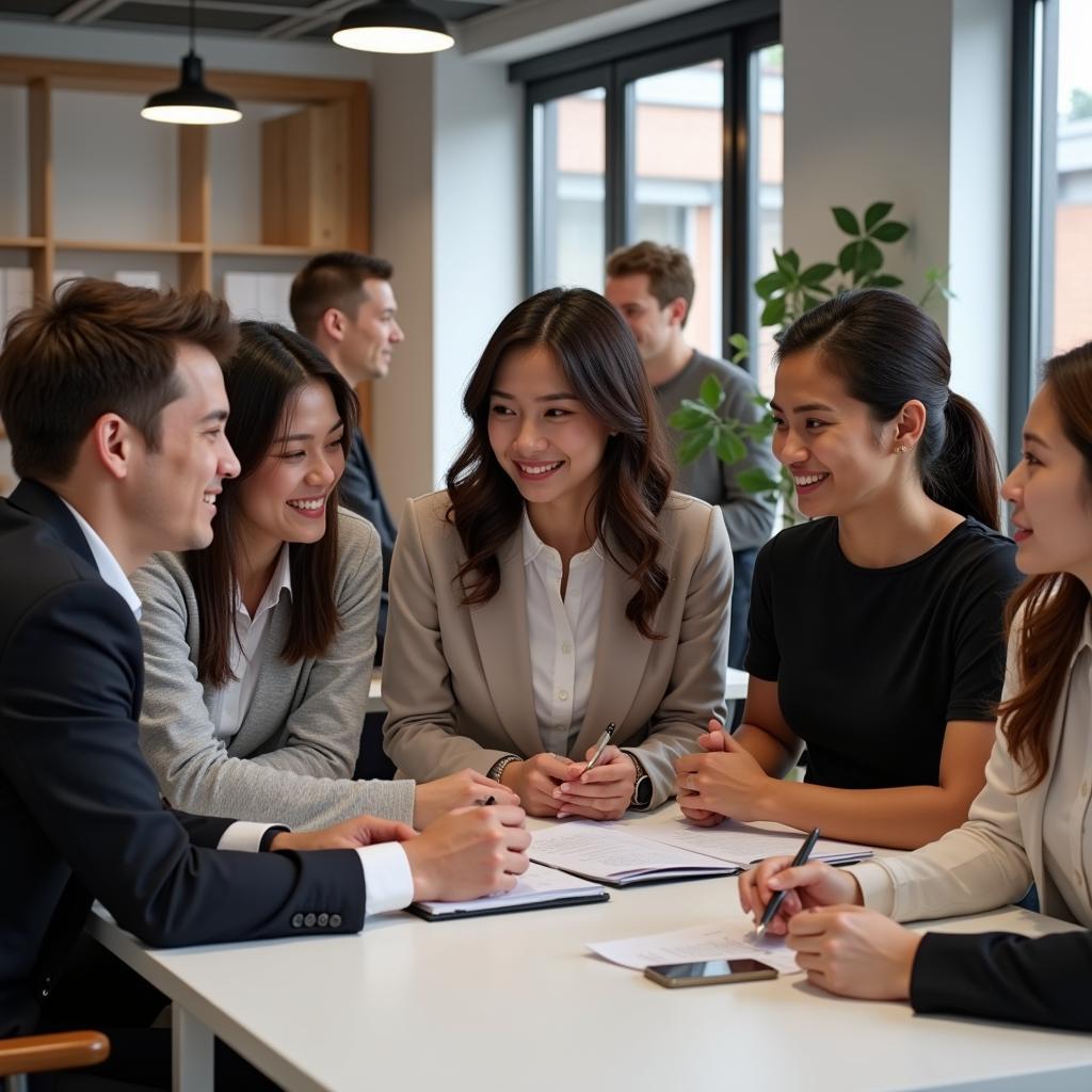 Group of colleagues discussing dress code for an event