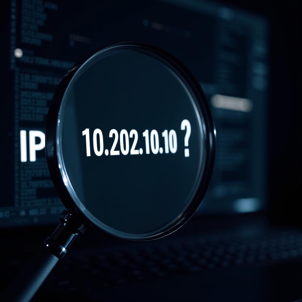 Unveiling the Digital Mystery: A graphic illustration of a magnifying glass hovering over a computer screen displaying the IP address 10.202.10.10.