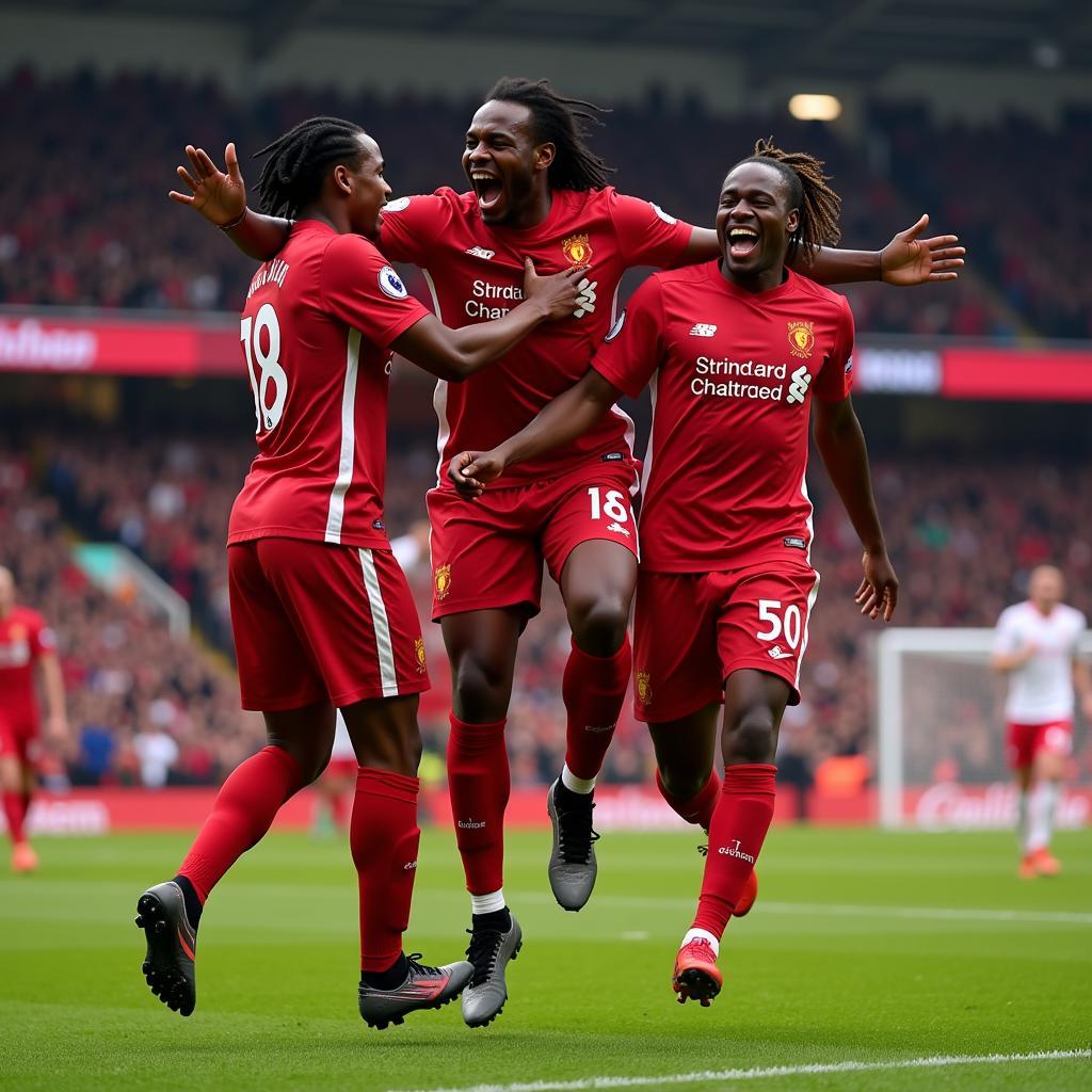 Virgil van Dijk celebrating a goal with his teammates in FIFA 23