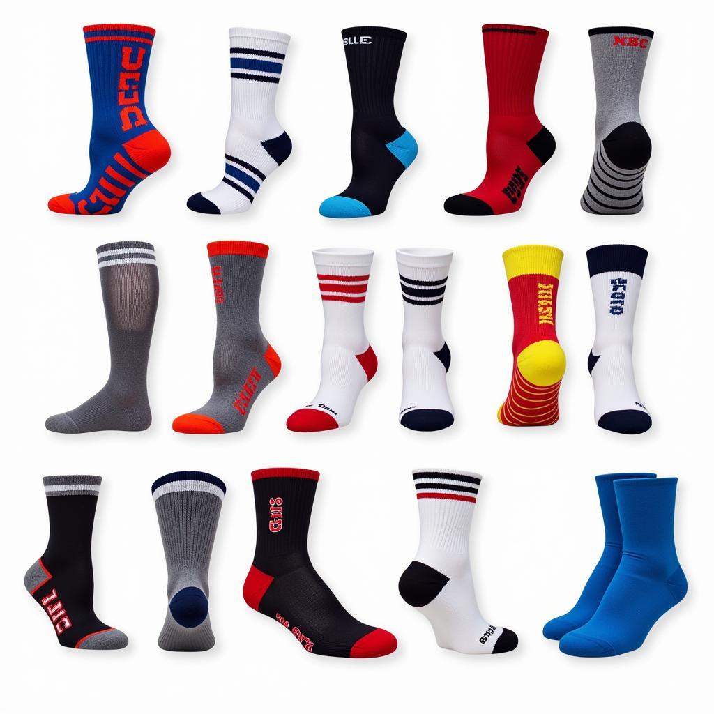 Display of various game-on sock designs and colors