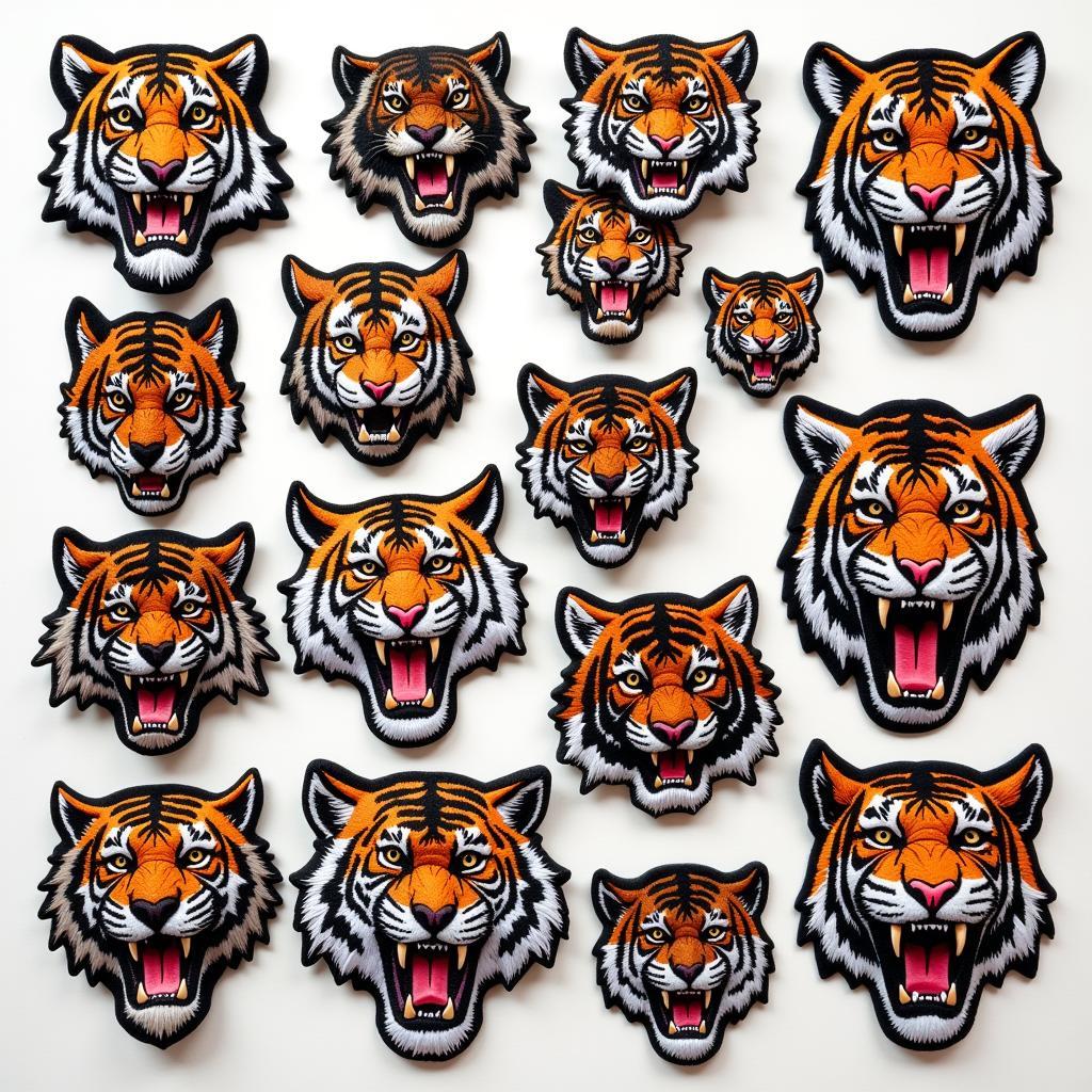 An assortment of tiger iron on patches in different styles and sizes.