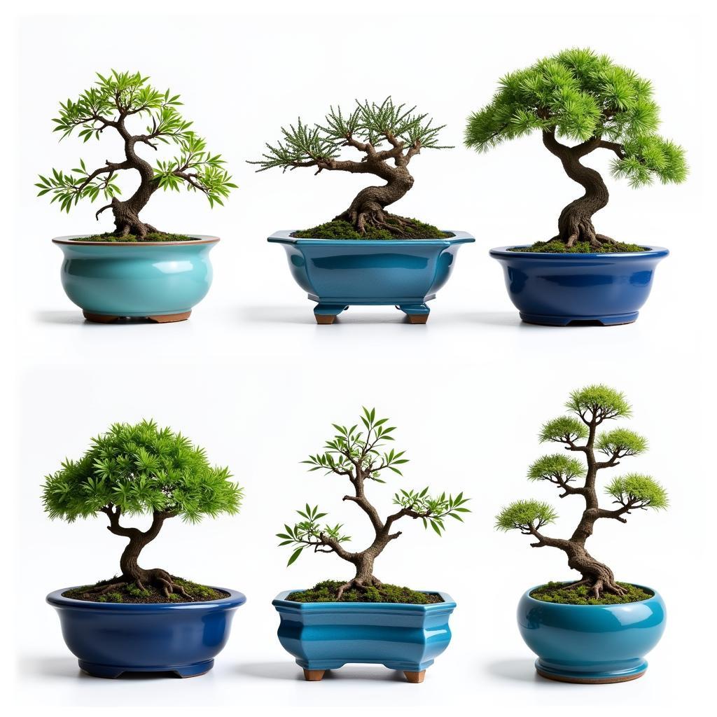 Different shades of blue bonsai pots arranged in a display