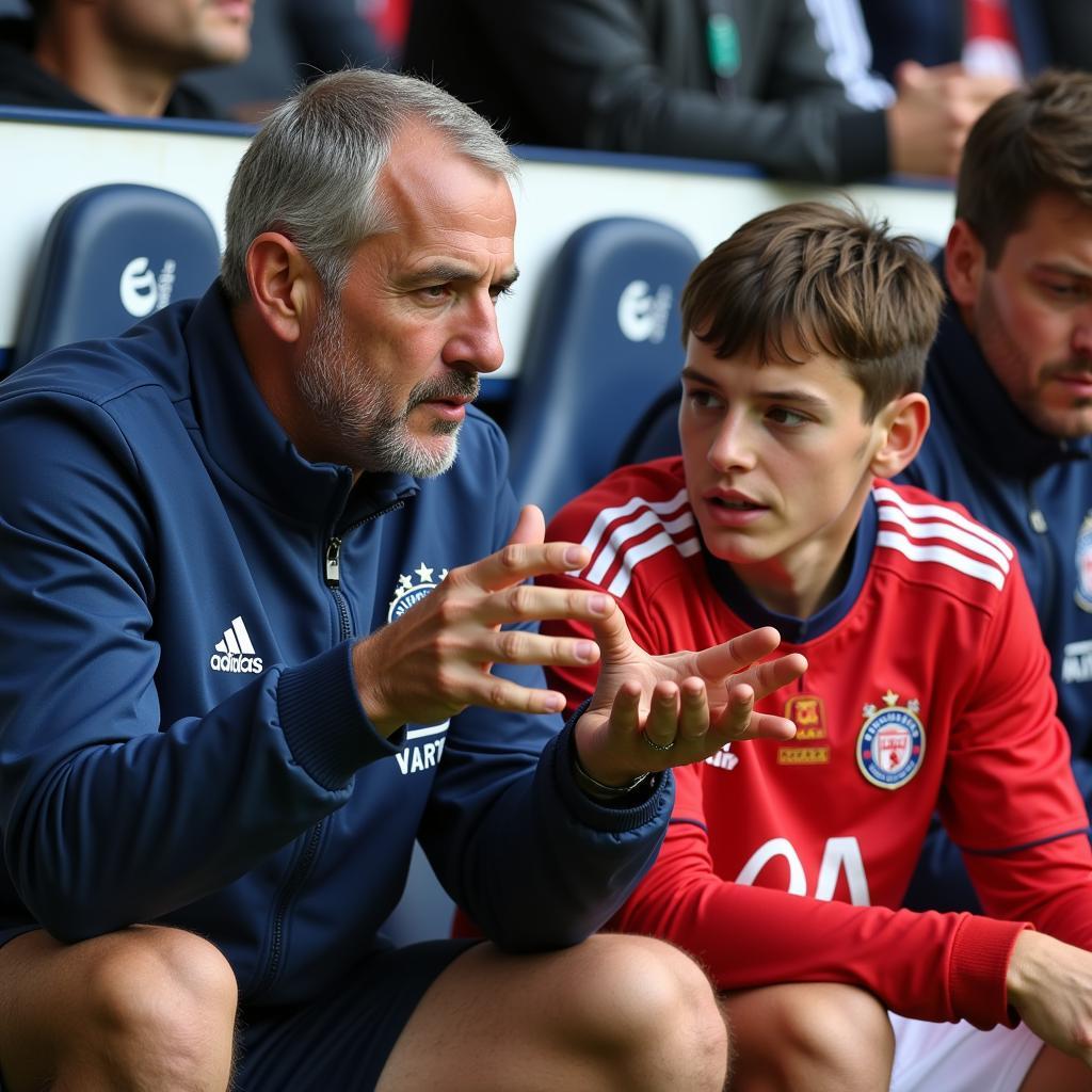 A veteran footballer providing guidance to a young player on the bench.