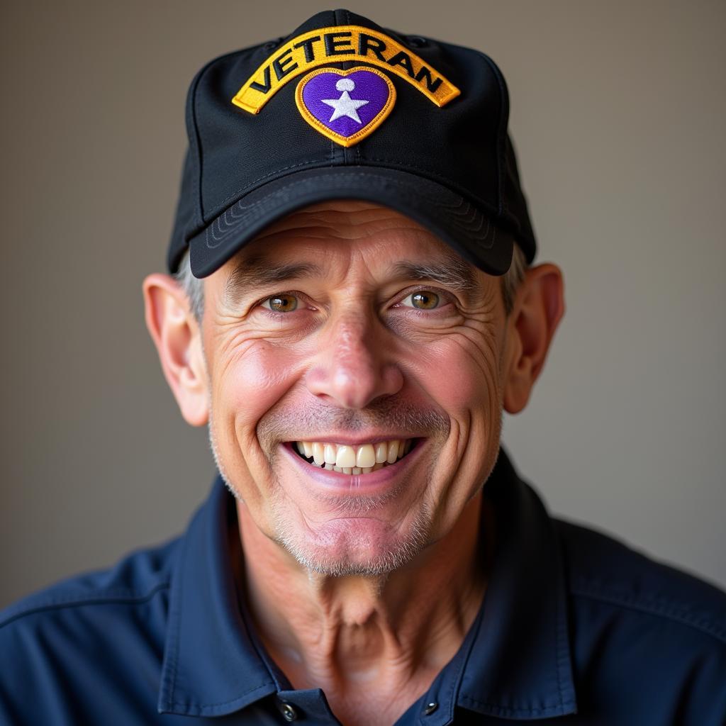 Veteran wearing a cap with a purple heart patch