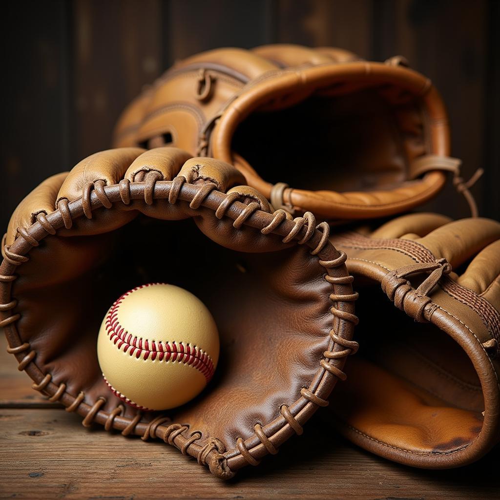 Vintage baseball gloves and ball