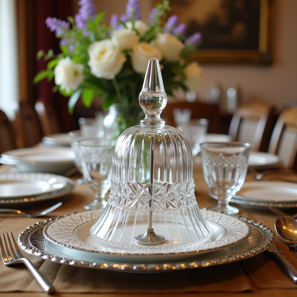 Elegant table setting with a vintage crystal bell as the centerpiece