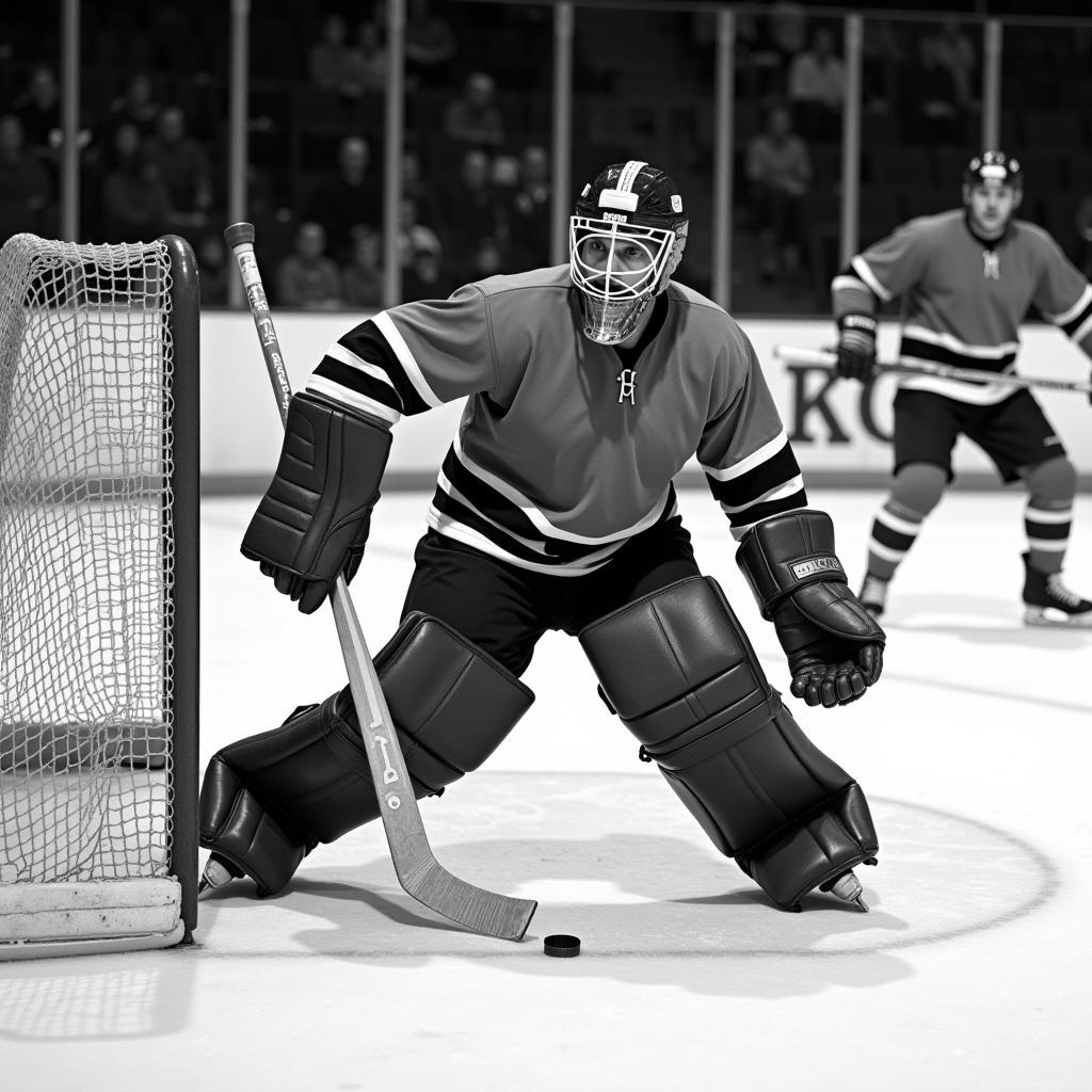 Goalie Sporting Vintage Pads During a Game