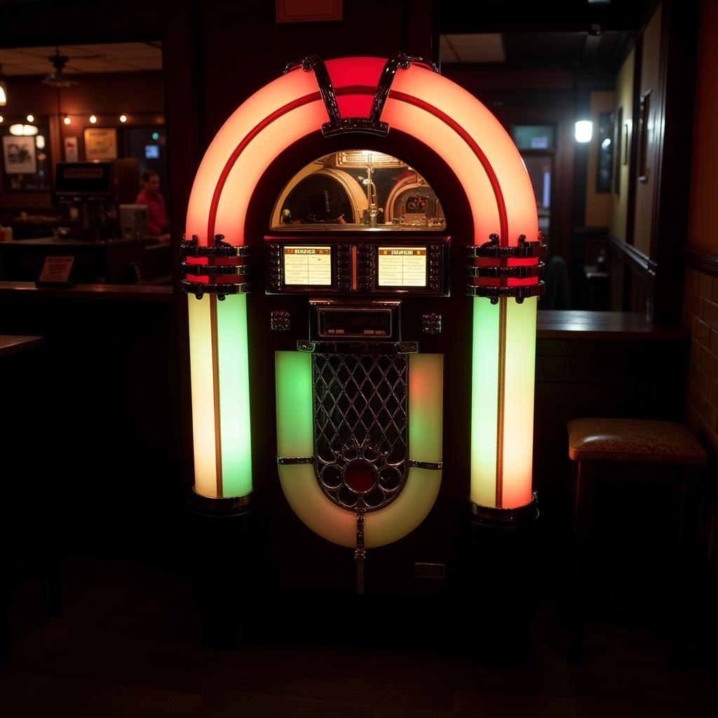 A classic jukebox illuminates a dimly lit room, casting a warm glow on the surrounding furniture