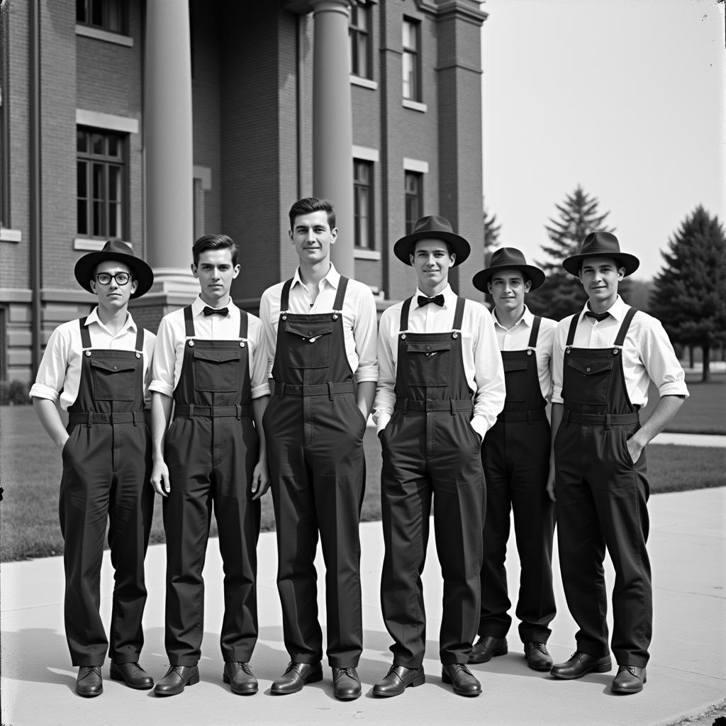 A historical photo of Purdue students in overalls