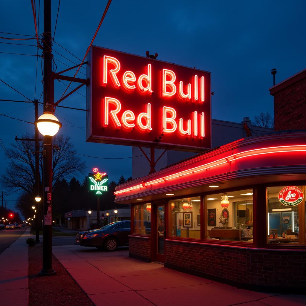 Vintage Red Bull neon sign adorning a retro diner