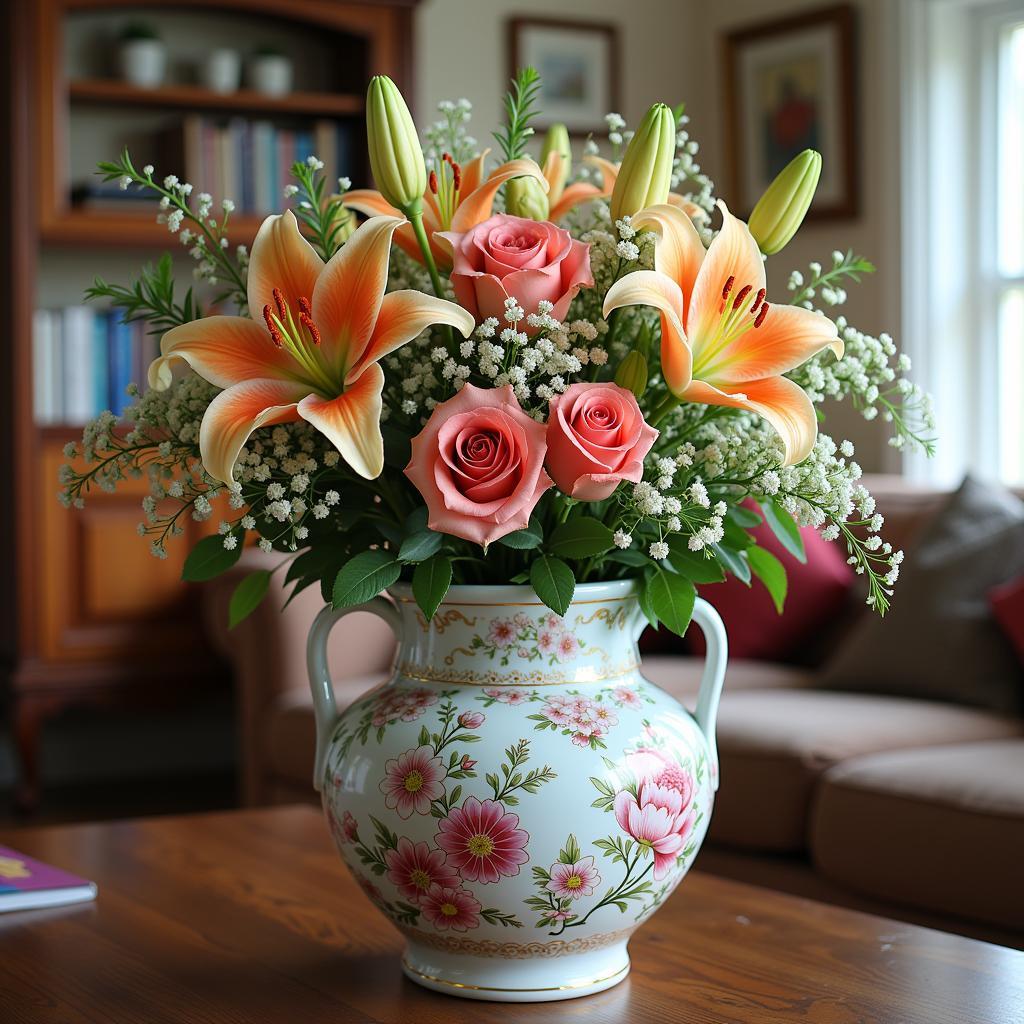 Vintage Vase Filled with Colorful Flowers