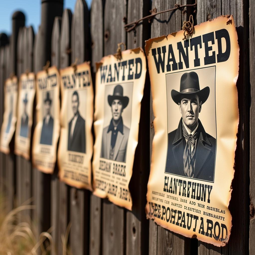 Vintage Wanted Posters on Wooden Fence