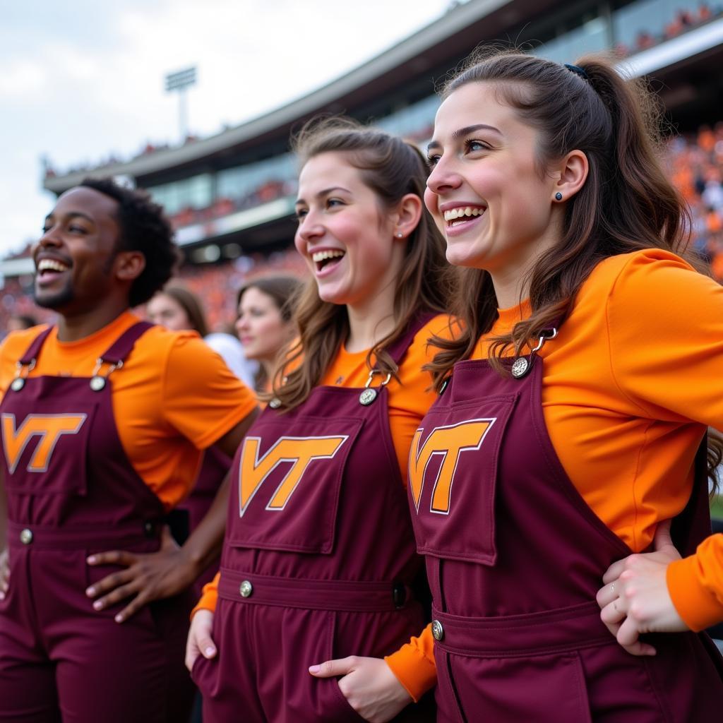 Students sporting Virginia Tech overalls at a game