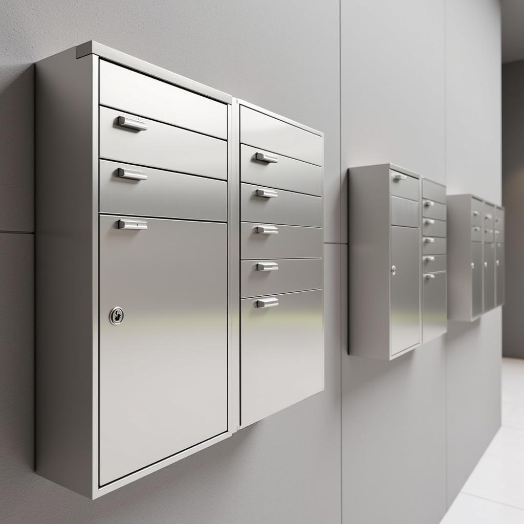 Modern wall mounted apartment mailboxes with individual compartments and a parcel locker.