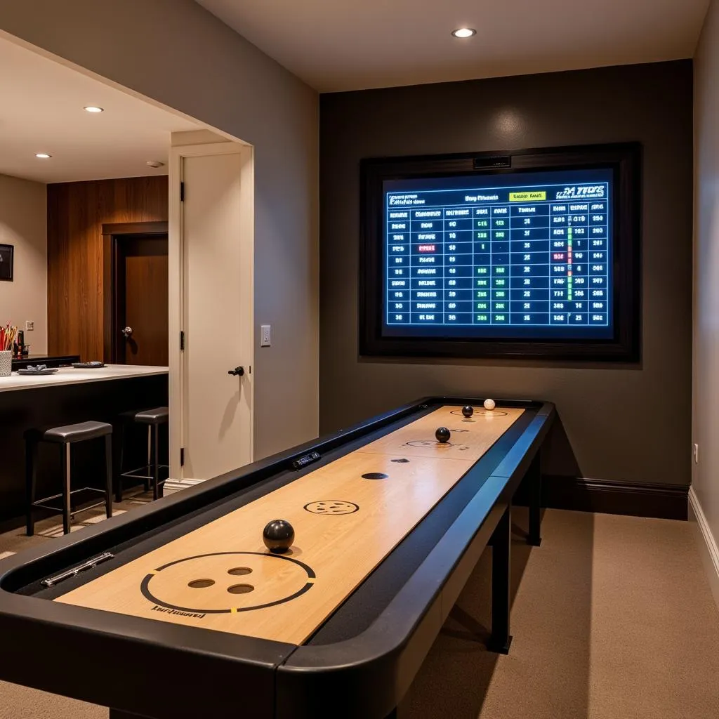 Wall-Mounted Electronic Shuffleboard Scoreboard in Game Room