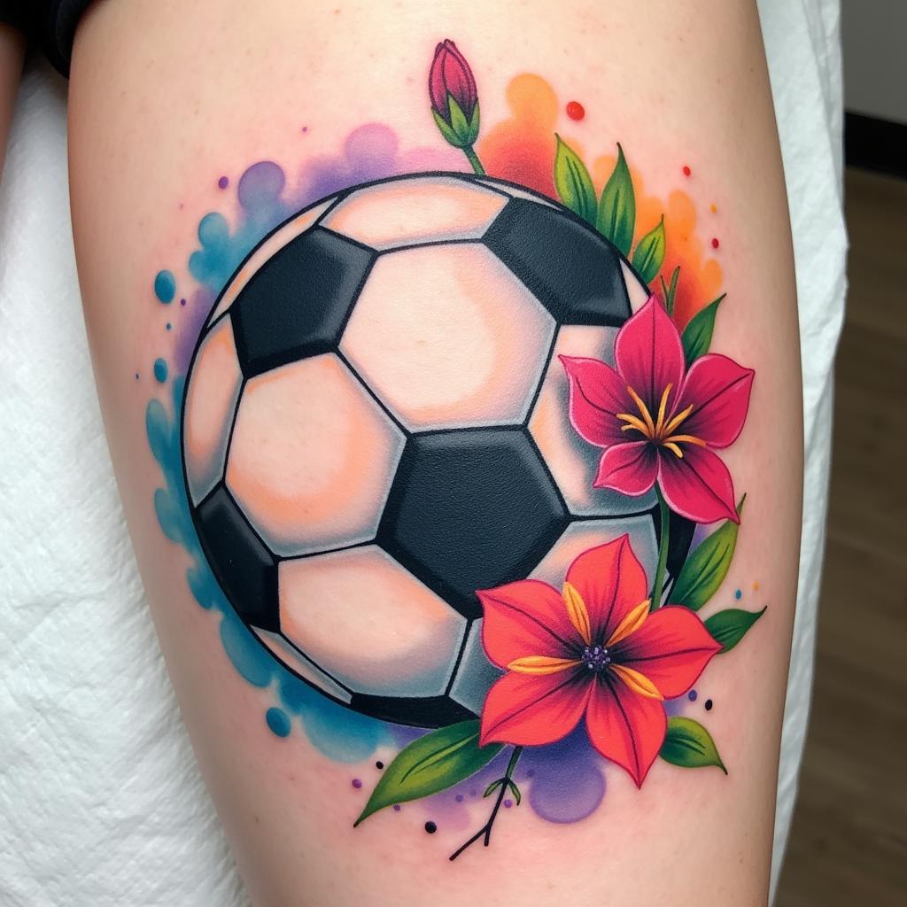 Watercolor Soccer Ball Tattoo with Flowers