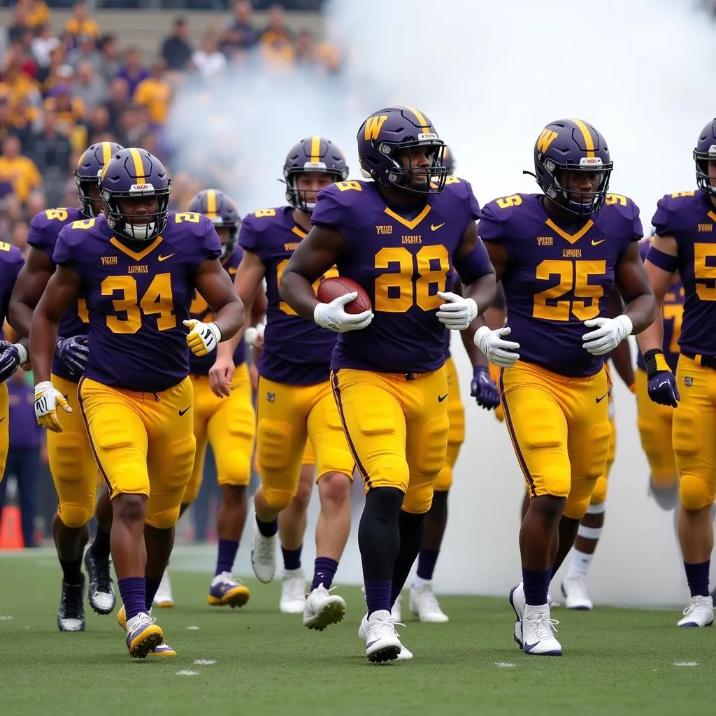 Western Illinois Leathernecks football players taking the field in their uniforms.