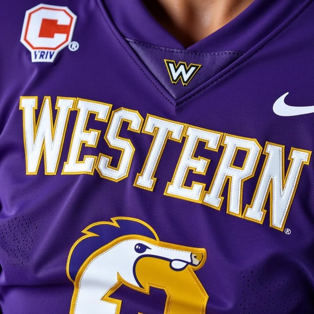 Close-up view of the details on a Western Illinois Leathernecks football uniform.