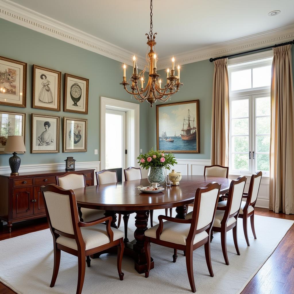 Elegant dining room with antique furniture and modern art