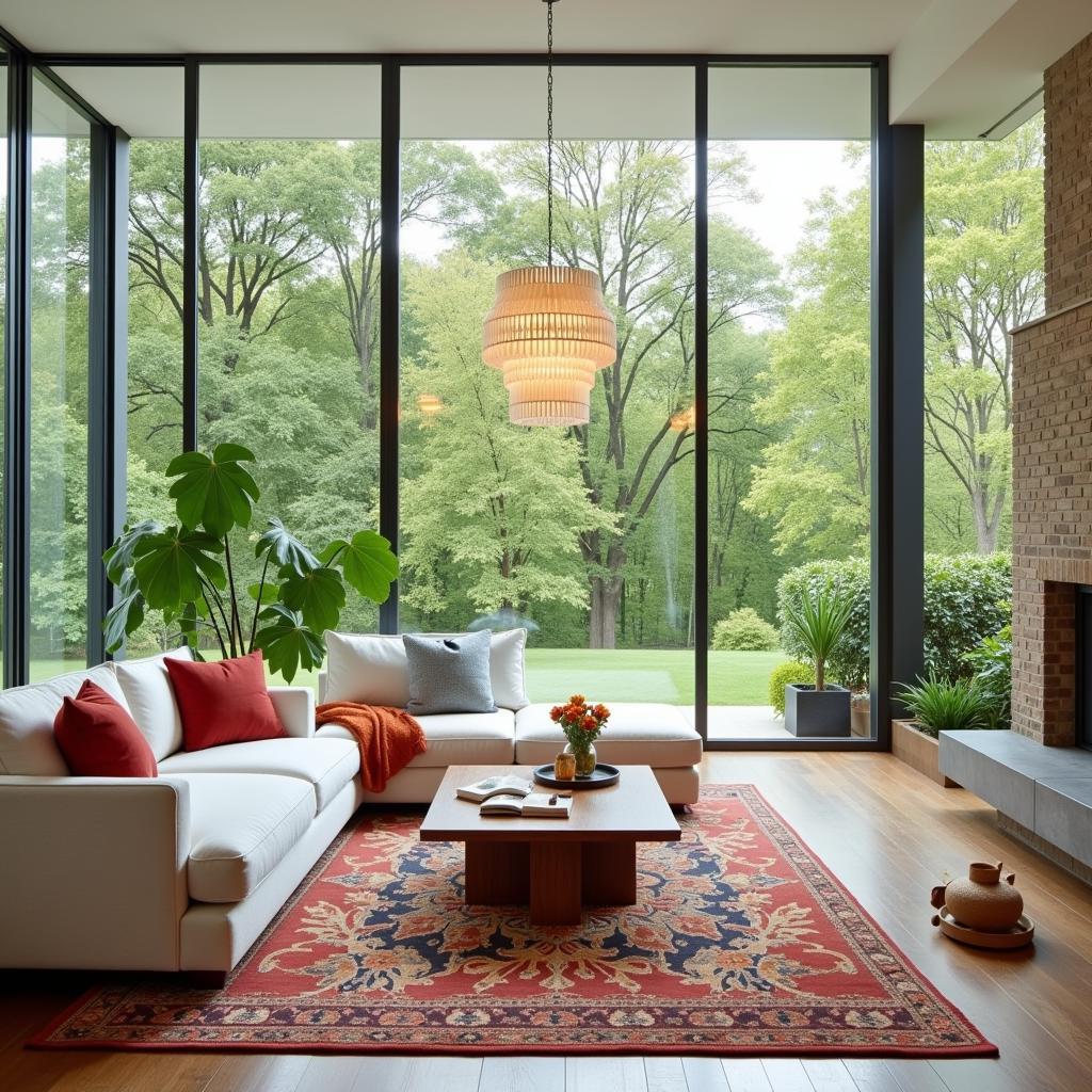 Spacious living room with large windows overlooking greenery