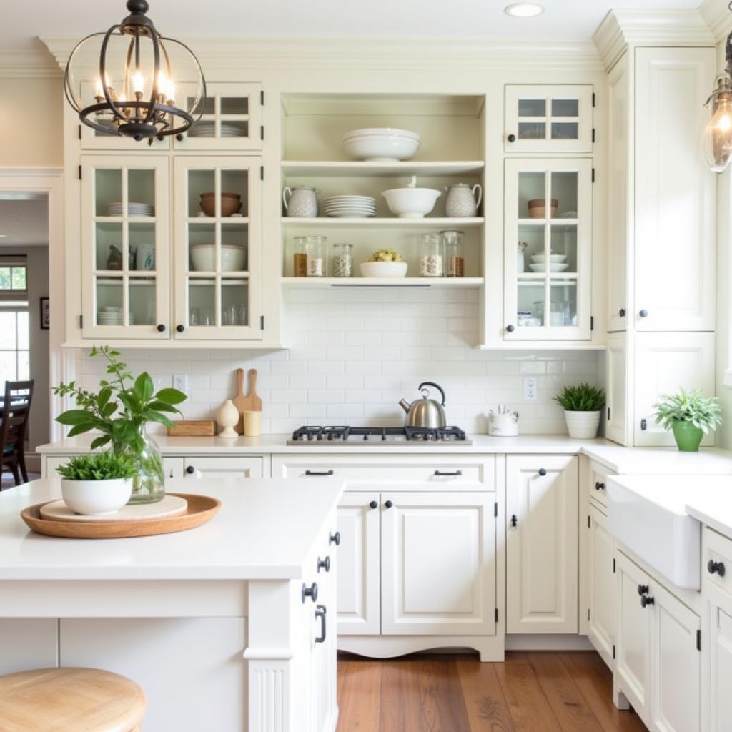 White kitchen hutch with glass doors and a plate rack.