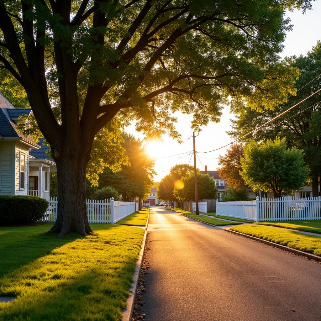 A charming white picket fence bordering a lush green lawn in front of a cozy suburban home