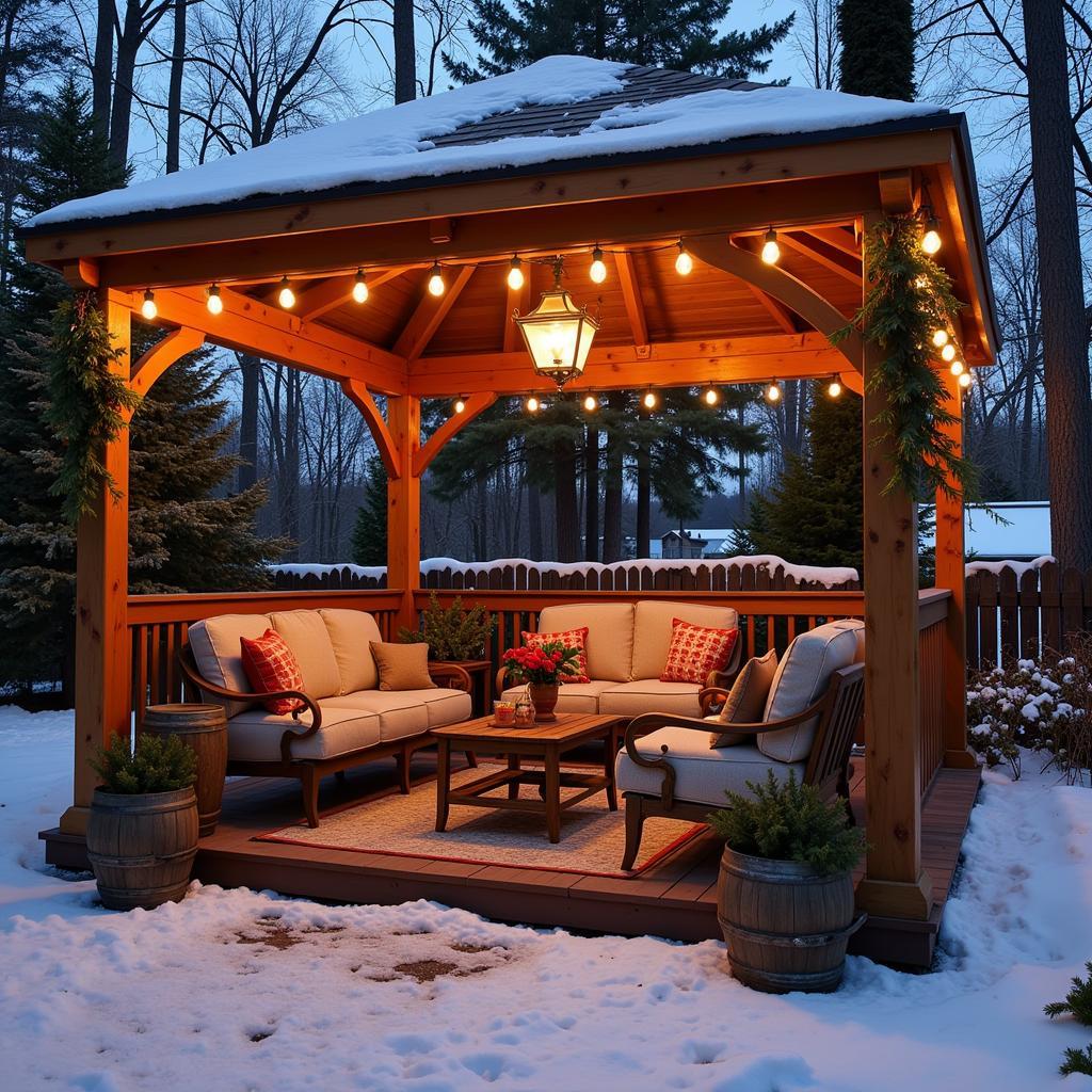 Winter gazebo with outdoor furniture and festive decor