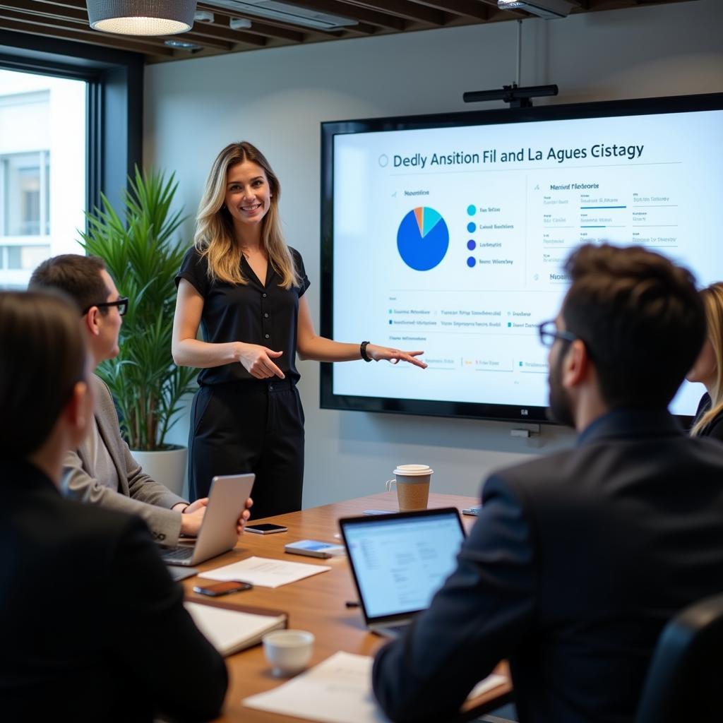 A woman leads a team meeting, presenting a project on a large screen.