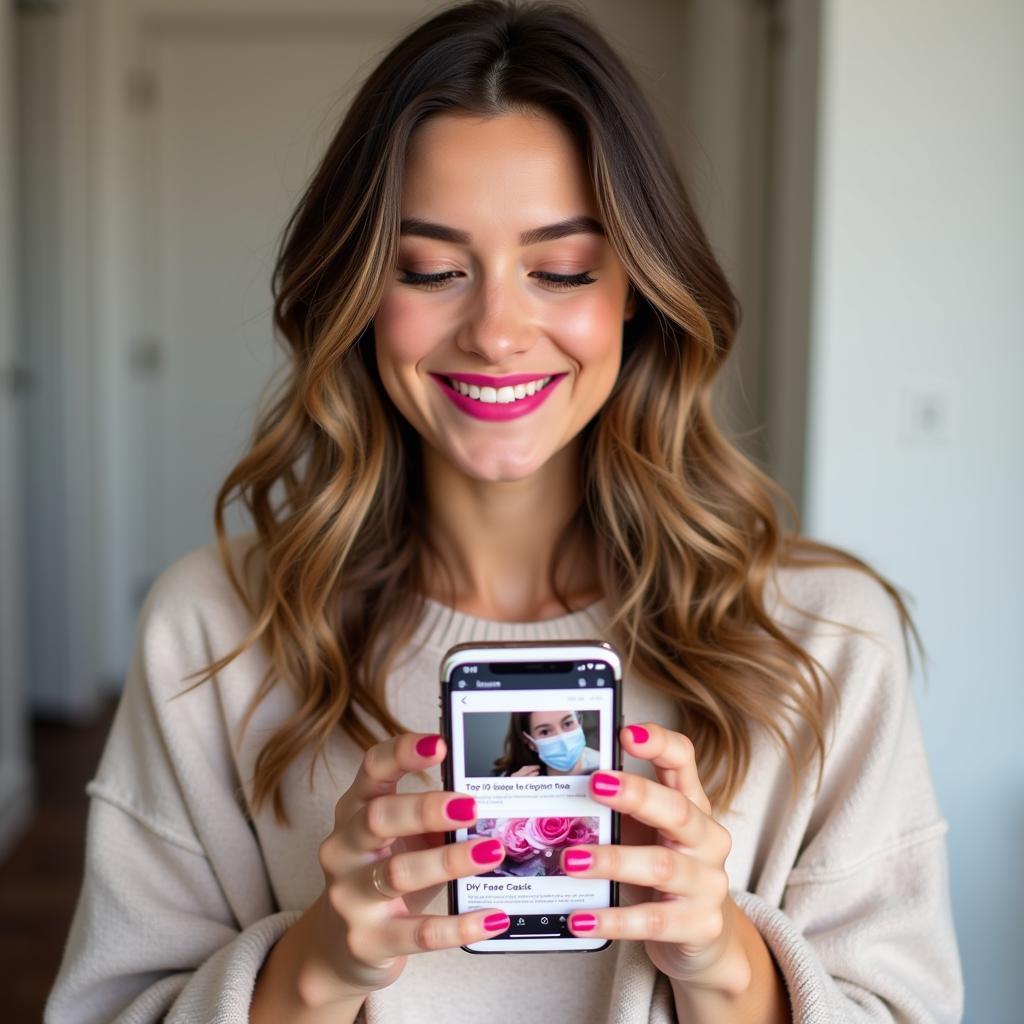 Woman Reading Beauty Blogs on Phone