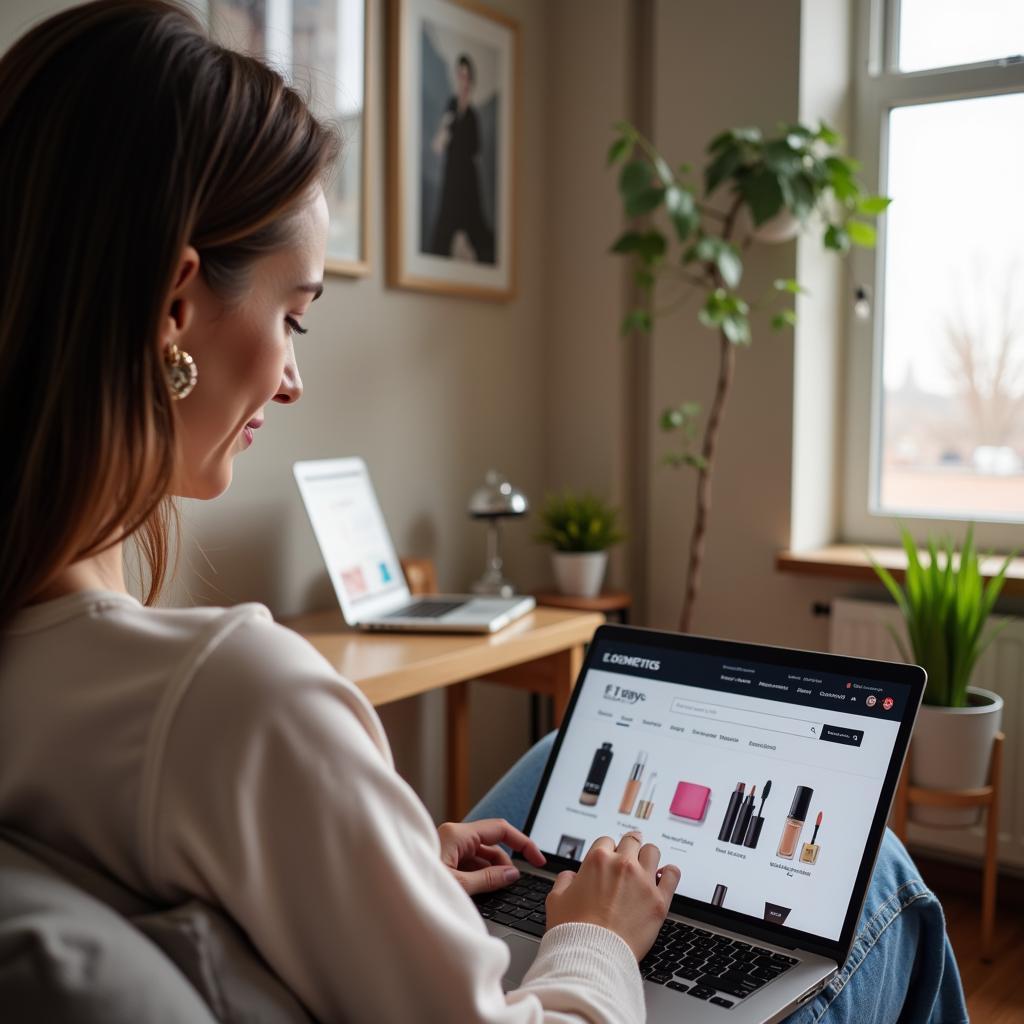 Woman Browsing E-Cosmetics on Laptop