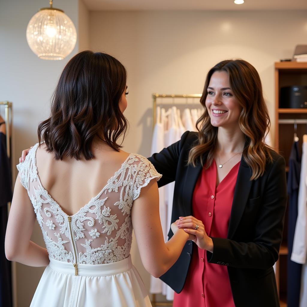 A woman trying on a dress with the help of a stylist in a boutique setting.