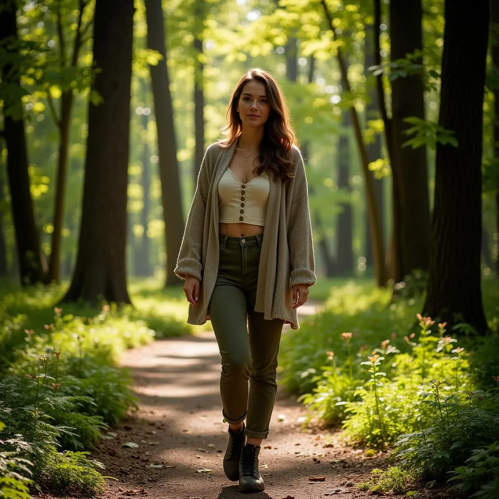 Woman walking in peaceful forest