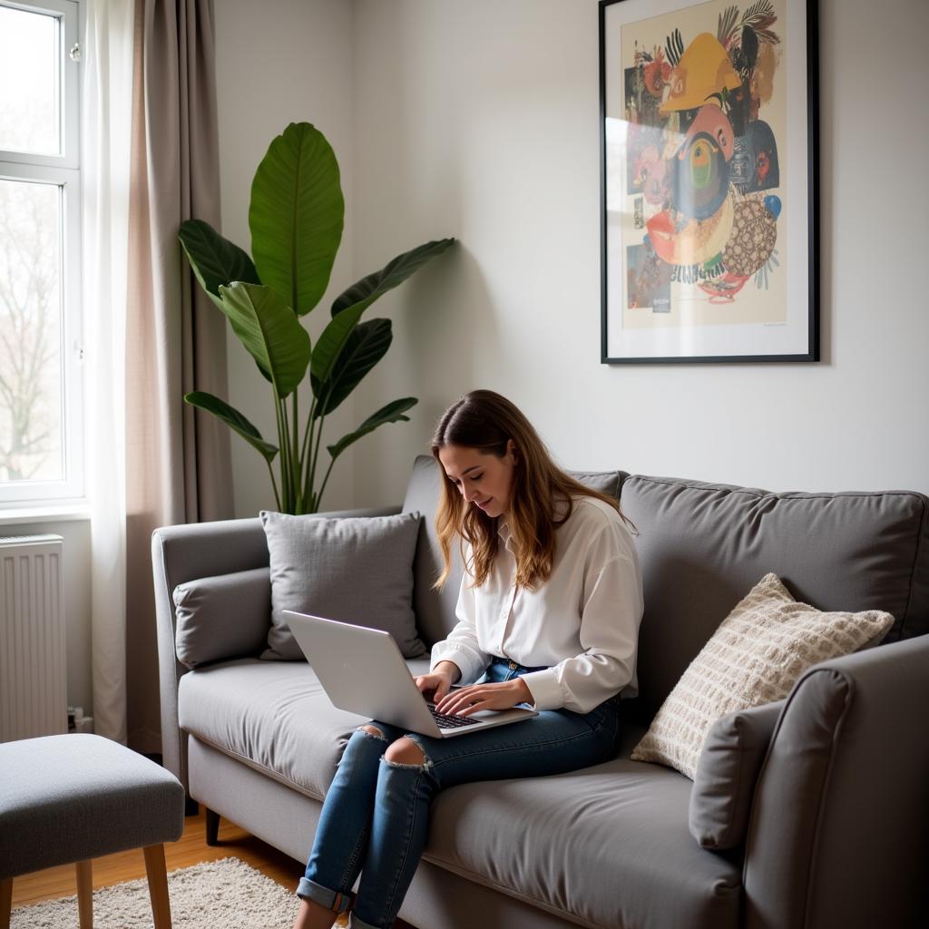 Woman Working on Laptop in Cozy Living Room