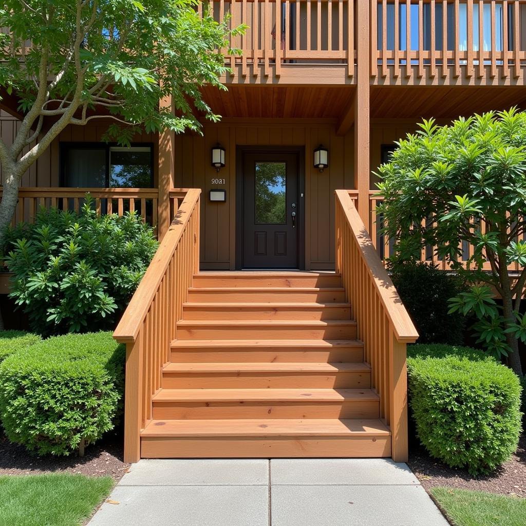 Wooden Outdoor Apartment Stairs with Landscaped Entrance