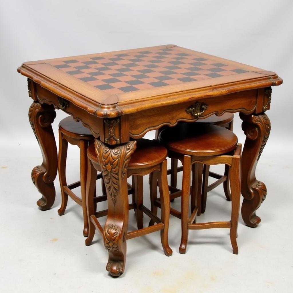 Classic wooden chess table with stools