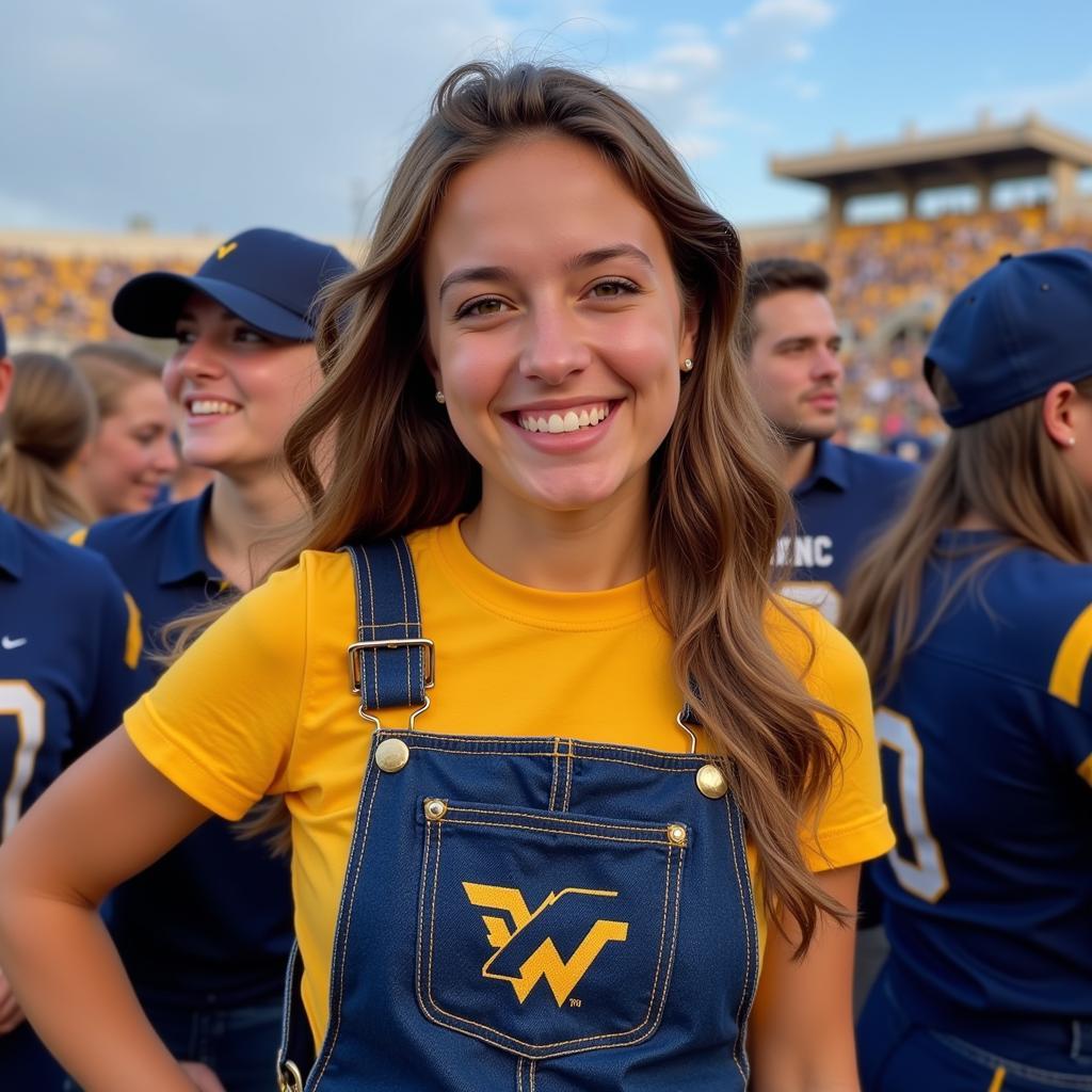 WVU student sporting overalls at a game